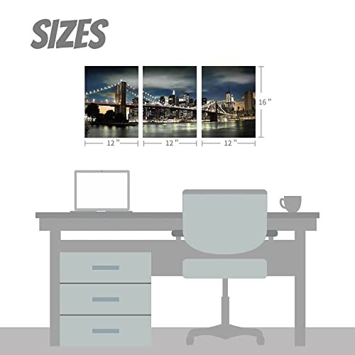 Bedroom City Canvas Wall Art: Modern Living Room Black New York Scene Picture Brooklyn Bridge Landscape Painting 3 Piece Vertical Home Night Nyc Cityscape Print 12X16 Gallery Manhattan Skyline Artwork #TOP5