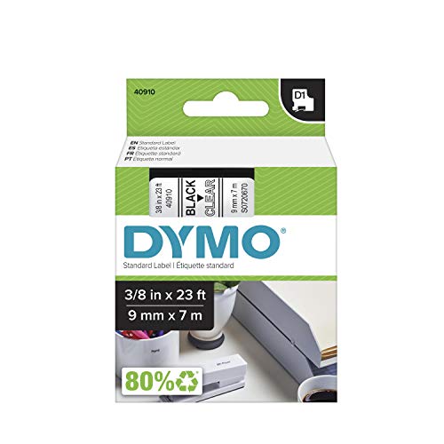 DYMO 40910 D1 Standard Tape Cartridge for Dymo Label Makers, 3/8in x 23ft, Black on Clear by DYMO