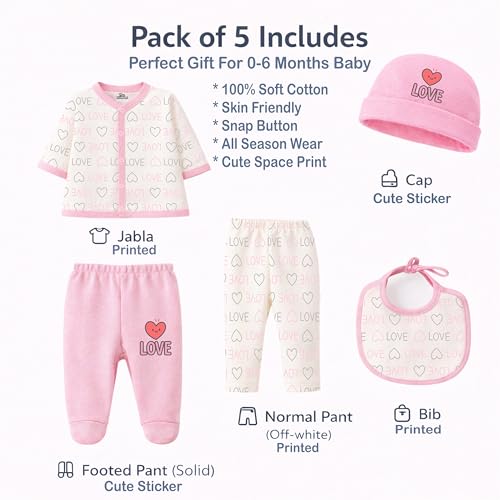 Image of Kidbee Baby Clothing Gift Set for Boys & Girls, 5 Piece Newborn Clothing Combo with Front Open Top, Pajama, Printed Pant, Cap & Bib, Soft Cotton, 0-6 Months Baby