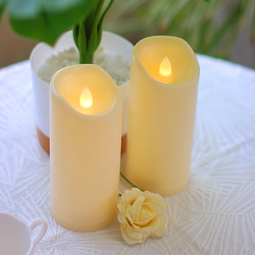 Image of CANDLE CHOICE Waterproof Outdoor Battery Operated Flameless Candles with Timer Flickering Plastic Resin Electric LED Pillar Lights for Lantern Patio Garden Wedding Party Decorations 3x7 Inches 2 Pack