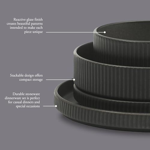 Image of Gibson Elite Deerfield 16-Piece Stoneware Dinnerware Set - Matte Black Reactive Glaze Plates and Bowls, Stackable, Modern Design, Service for 4 - Microwave & Dishwasher Safe