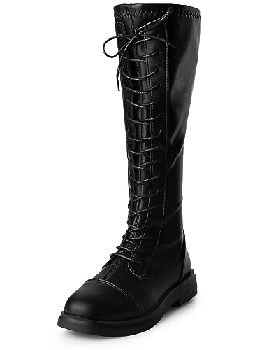 Allegra K Women's Lace Up Round Toe Lug Sole Boots Flat Low Heel Knee High Boots