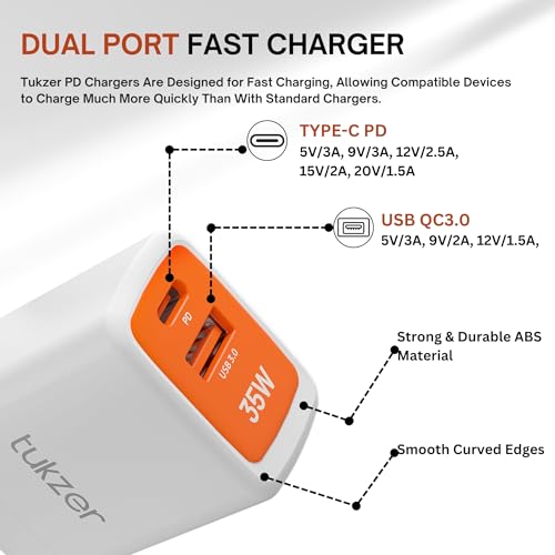 Image of Tukzer 35W Dual Port GaN3 Ultra 3X Faster Charger(Type C PD3.0 & USB QC3.0) Adapter for iPhone 17 /17 Plus /17 Pro /17 Pro Max, iPhone 16 /16 Plus /16 Pro /Max,15 /14 /13 /12 Series,Samsung,MacBook,Laptops-WHI