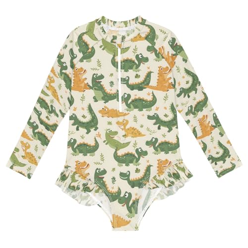 ALAZA Cartoon Green Crocodile Leaf Girls One Piece Swimsuit Long Sleeve Rash Guard Swimsuits UV 50+ Swimwear Zipper