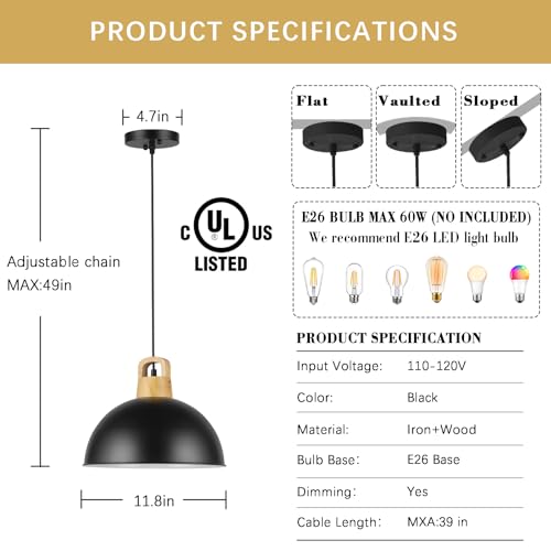 Karjearl LT15 Farmhouse Pendant Light Fixtures, 11.8 Inch Black Pendant Lights Kitchen Island, Dome Wood Hanging Lighting thumb #2