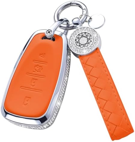 for Chevy Chevrolet Key Fob Cover with Keychain, Orange Leather Rhinestone Key Case Protection Shell Fit for Equinox Malibu Cruze Camaro Tahoe Silverado Traverse Blazer Sonic 4 Buttons, Trunk