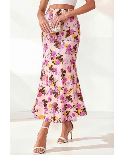 Image of BTFBM Satin Skirts for Women Trendy 2026 Summer Fall | High Waisted A-Line Leopard Print,Floral Print, Business Casual,Cocktail,Wedding Guest,Long Silk Midi Skirt