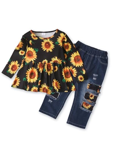 Image of NZRVAWS Toddler Baby Girl Clothes Infant Print Colorful Ruffle Outfits Fall winter Top Ripped Jeans Pant Set Clothing 6M-5T