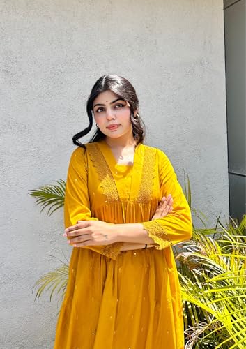 Image of MOKOSH Women's Cotton Kurta with Pant | Kurta Set | V Neck 3 /4 Sleeve Ethnic Suit | 2 Piece Outfit | Indian Kurta Outfit With Pant