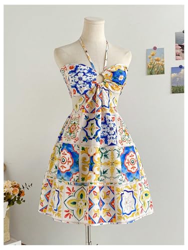 Image of Floerns Women's Floral Halter Neck Vacation Dress Sleeveless Cut Out Boho Cami Dress
