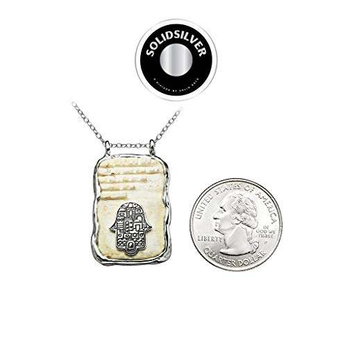 Solidsilver - Sterling Silver Hamsa Hand Symbol Pendant Necklace On Hand Carved Ancient Genuine Jerusalem Stone With Western Wall Pattern #TOP4