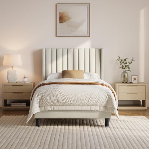 Image of Yaheetech Twin Bed Frame with Headboard,Ivory Channel-Tufted Platform