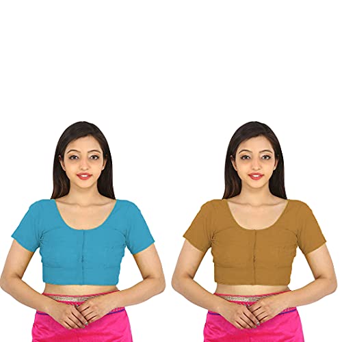 Image of Namita Women's Cotton Rubia Regular Fit Half Sleeve Readymade Blouse (U-Cot-Com-2-Cyan-Meteor-40 Cyan, Meteor 40)