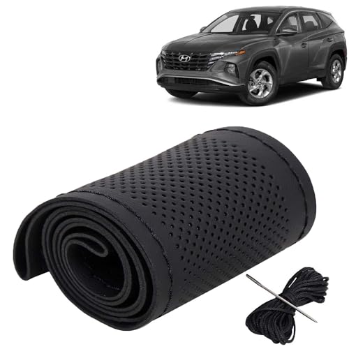 Image of KINGSWAY PU Leatherite Car Steering Cover Sewable Compatible with Hyundai Tucson (Year 2022 Onwards), Black Color with Black Thread, Pack of 1 with Sewing Needle and Thread