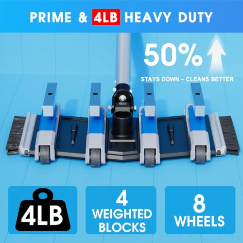 Image of Enhanced Pool Vacuum Head with Direction-Control Handle - 17.5in Extra-Wide 4LB Professional Weighted Vac Heads Brush & Wheels -Deep Clean for Vinyl Liner,Inground & Above Ground Swimming Pool - Blue