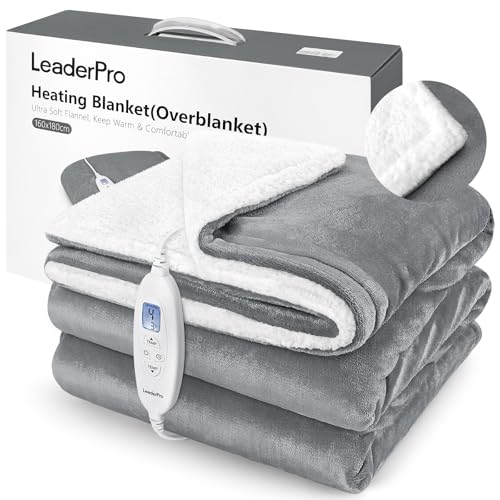 LeaderPro Couverture Chauffante 180x160cm, 2 Places, Plaid Chauffant Électrique, Minuterie 1-9h, 10 Températures, Protection Contre la Surchauffe, Lavable en Machine pour Lit et Canapé,Gris Clair