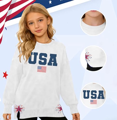 Image of Ithalt Kids USA Sweatshirt Boys Girls 4th of July Shirt American Patriotic Pullover with Embroidered Side Slits 5-14y