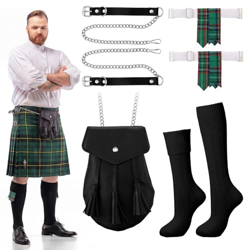 Arrowbash 3 Pcs Men Scottish Kilt Accessories Irish Traditional Scottish Socks Tartan Hose Flashes Sporran(Not Include Kilt)(Fresh Tones)