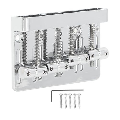 FLEXMAN 4 String Bass Bridge, Electric Bass Bridge Tailpiece, Fixed Saddle with Thickened Base Plate Hex Wrench for P Bass, for J Bass Style Bass (Silver)