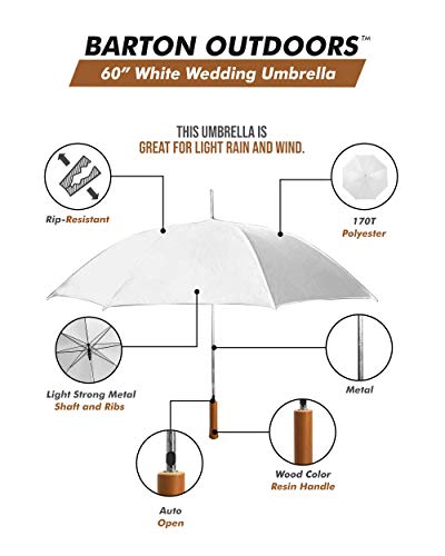 Wedding Umbrella - White - Large 60" Across - Rip-Resistant Polyester - Manual Open - Light Strong Metal Shaft And Ribs - Wood Color Resin Handle #TOP1