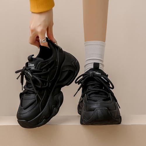 Womens Fashion Leather Chunky Platform Lace Up Height Increase Sneakers Casual Non-Slip Round Toe Running Gym Walking Dad Shoes4