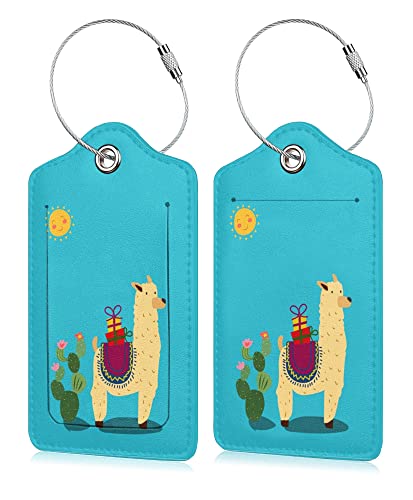 Image of Set of 2 Luggage Tags for Suitcases Leather Cute Luggage Tag with Stainless Steel Loop Privacy Cover ID Label Travel Bag Tags Alpaca Luggage Identifiers for Women Men Travel