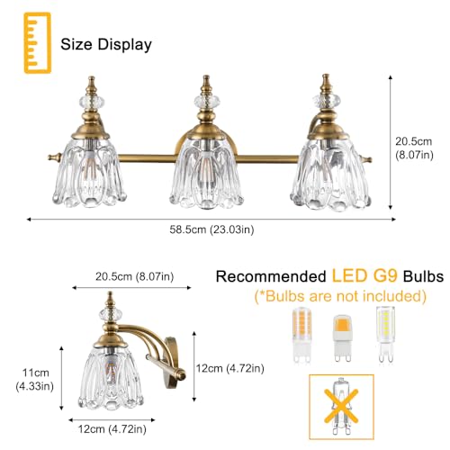 Image of Brushed Gold Bathroom Vanity Light, Farmhouse Brass Bathroom Light Fixtures Over Mirror, 3 Light Vanity Lighting Fixtures, Flower Glass Shade Wall Sconce Lighting