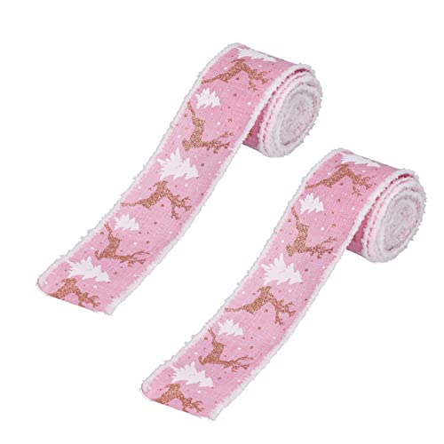 Christmas Ribbon Home Decoration Festival Decoration Webbing Burlap Rolls Ribbons Gift Gift Bags Lace Morning Printing Pink 2 Rolls 5M for Check Ribbon Decorated Thanksgiving - Image 2