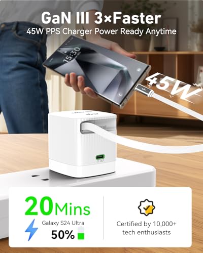 Image of USB-C Charger Block, 45W GaN 2 Port Fast Charging w /Built-in Retractable C Cable & Foldable Plug, PD /PPS for iPhone 16Pro Max /16 /Pixel 9 pro /Galaxy /iPad /MacBook (White)
