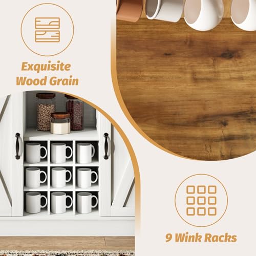 4ever2buy-Farmhouse-Coffee-Bar-Cabinet-with-9-Wine-Racks-and-6-Hooks-47-Inch-Coffee-Bar-Cabinet-with-Storage-White-Kitchen-Coffee-Cabinet-with-Hutch-and-Sliding-Barn-Door-for-Living-Dining-Room 4ever2buy Farmhouse Coffee Bar Cabinet with 9 Wine Racks and 6 Hooks 47 Inch Coffee Bar Cabinet with Storage White Kitchen Coffee Cabinet with Hutch and Sliding Barn Door for Living Dining Room