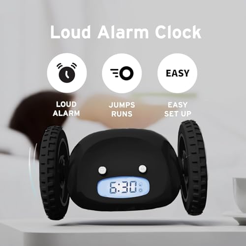 Image of CLOCKY Alarm Clock on Wheels - Loud Rolling Alarm Clock for Heavy Sleepers | Runaway Clock that Jumps & Runs to Wake You Up | Funny Unique Gift for Adults, Teens & Kids Bedrooms (Black Wheels)