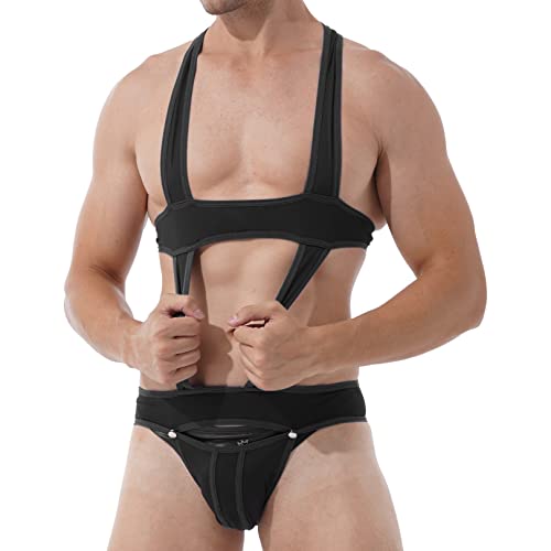 easyforever Men's Hollow Out One-piece Jockstrap Leotard Underwear Wrestling Singlet Bodysuit Mankini Black Medium