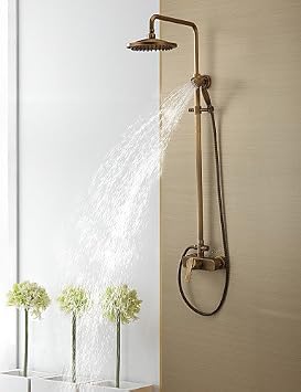 Antique Brass Tub Shower Faucet with 8 inch Shower Head + Hand Shower