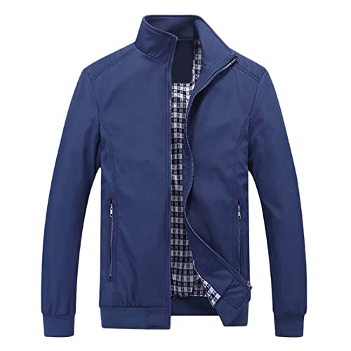 LOIJMK Men's Stand-Up Collar Blouson: Chic One Size Fits All Design, Zip Pockets & Checked Lining for Extra Comfort, darkblue, L