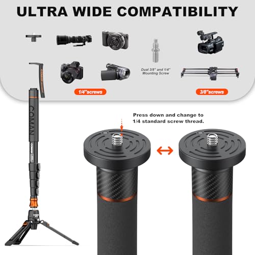 Professional Camera Monopod with Feet, 73.2 inch Aluminum Portable Travel Video Monopod with Removable Tripod Stand Base, Max Load 22 Lbs, New Q6 Fluid Head for DJI RS4 Manfrotto