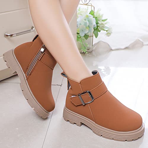 Girls Ankle Boots Scrub Leather Buckle 𝐖aterproof 𝐂ombat Shoes with Side Zipper for Toddler/Little Kid/Big Kid4