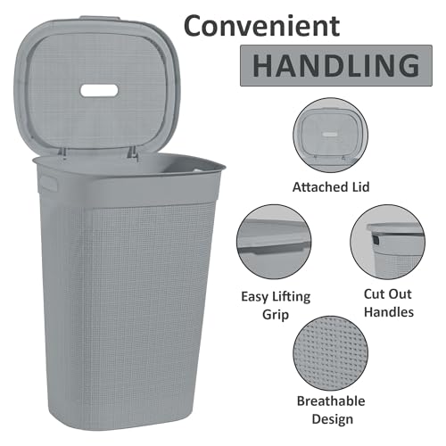 Image of KITCHIVO Plastic Large 55 Ltr Laundry Basket with Lid & Handle | Multipurpose Hamper Bins Storing Washable Clothes, Blankets | Household Ideal for Home & Bathroom (Woods Grey Laundry Basket)