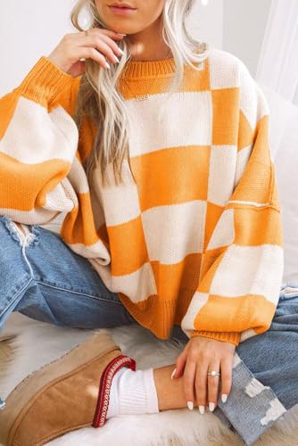 Women's Casual Crew-Neck Long Sleeve Sweater Checkered Pullover Knit Sweaters Jumper Top2