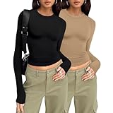 Zicozy 2 Pack Long Sleeve Shirts for Women Crew Neck Thermal Shirts Basic Long Sleeve Tops for Women Slim Fit T Shirts Black Khaki