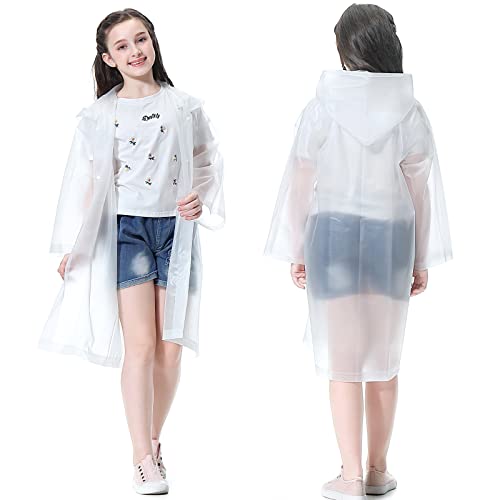 Rain Ponchos for Kids (2 Pack), Reusable Rain Jackets Waterproof EVA Raincoats with Hood for Boys and Girls