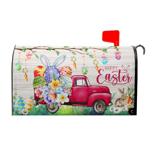 Image of Happy Easter Day Bunny Truck Mailbox Cover Magnetic Large Size 25.5 x 21 Inch Easter Eggs Flowers Mailbox Cover Spring Easter Letter Post Box Cover Wrap Decoration for Home Garden Yard Outside
