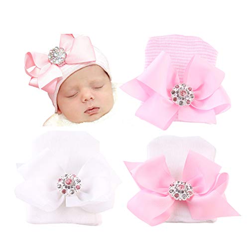DRESHOW BQUBO 3/4 Pack Newborn Hospital Hat Infant Baby Hat Cap with Big Bow Soft Cute Knot Nursery Beanie