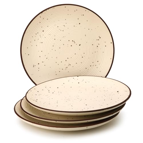 Image of Ceramic Plate Set,10 inches - Set of 6 Large Size Dinner Plate for Snacks, Appetizers etc. Handmade Stoneware Dinner Plate (Blue) (White Ribbed Brown Boarder)