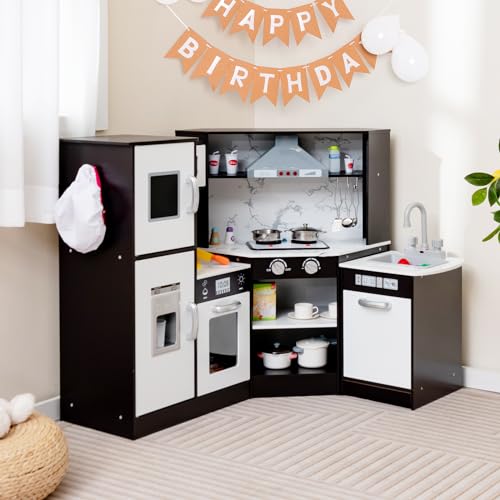 GLACER Kids Kitchen Playset, Wooden Children Pretend Playset with Range Hood, Washing Basin, Microwave, Stoves, 2-Piece Corner Toddler Kitchen Set for Boys and Girls Over 3 Years Old (Coffee)