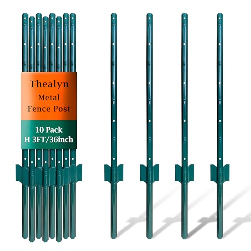 Thealyn Fence Posts 3 Feet, Pack of 10, Metal Fence Poles U Post Sturdy Duty Fence Stakes Step in Post No Dig Fence Post for Garden Wire Fence Steel Sign Post (Fits to 2-ft Fence Mesh)
