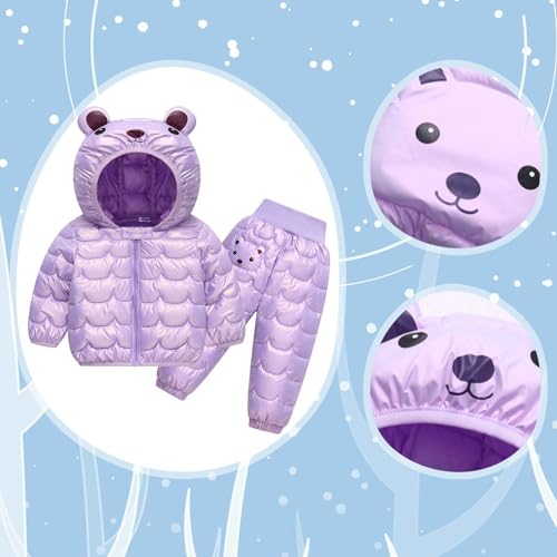 Kids Boys Girls Puffer Pants Set Bear Ear Hooded Down Glitter Jacket Zip Up Plain Winter Warm Coat Elastic Pants Set3