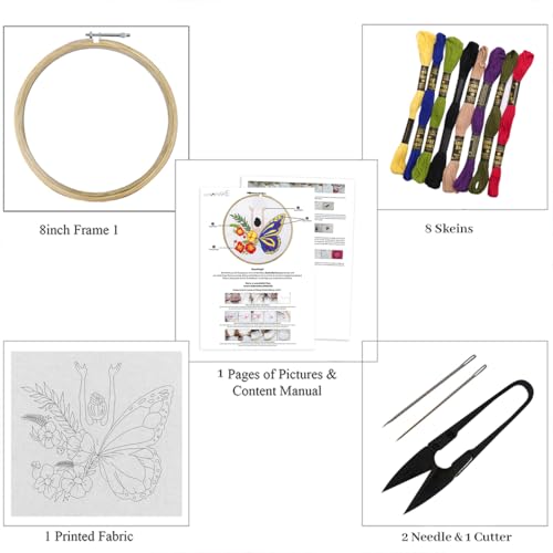 Image of picknMAKE Cross Stitch Embroidery Kit For Beginners & Adult, Featuring a Lady With Flower & Butterfly Wings, Printed Fabric, Instructions Papers, Threads & Needles All Materials Included,Multicolor