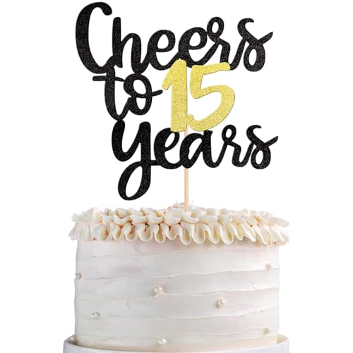 1 Stück Cheers to 15 Years Cake Topper Glitzer 15th Geburtstag Tortendeko Happy Birthday Kuchen Deko für Prost auf 15 Jahre Thema Geburtstag Jahrestag Party Kuchen Dekorationen