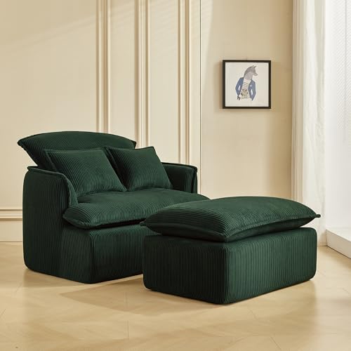 MonicaNest Modern White Corduroy Lounge Chair and Ottoman Set, Oversized Armchair with Throw Pillows, 38L x 35W x 32H inches (Green)