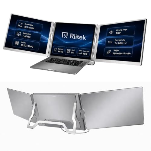 Image of RIITEK 16 inch Portable Tri-Screen Monitor Extender for 12 inch-18.5 inch Laptop Fhd 1200P with USB /Type C compaitbility Compatible with All Mac OS & Windows,1 Year Door Step Warranty